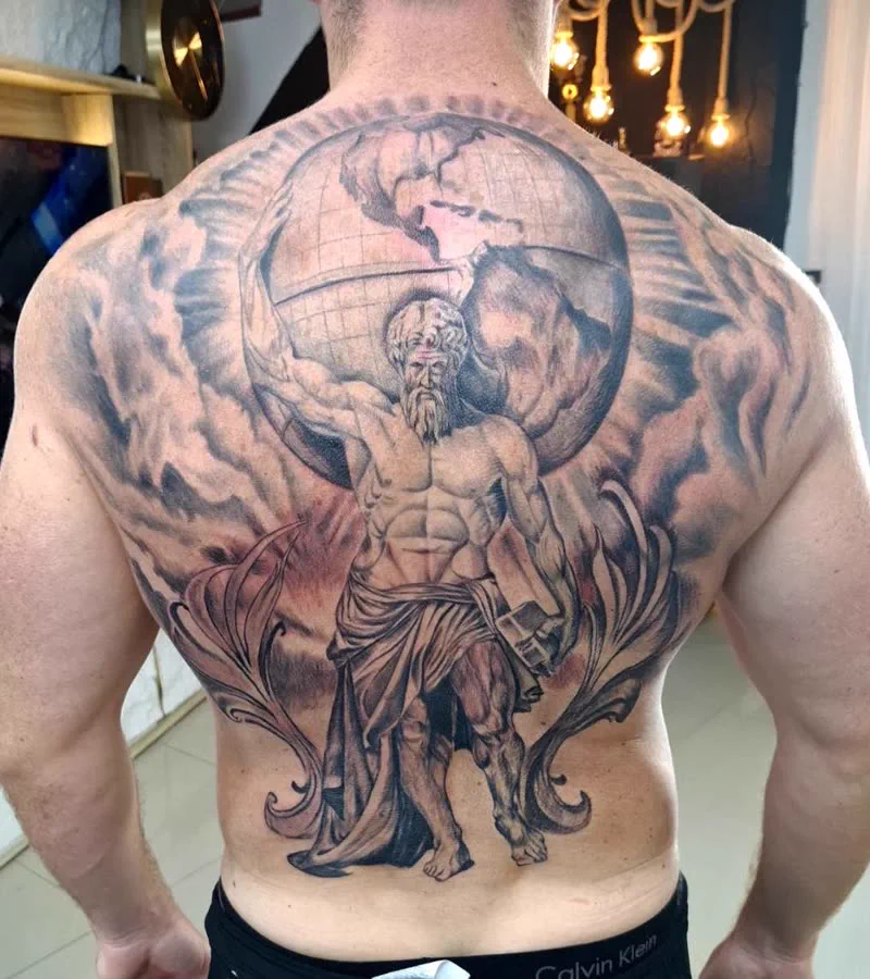 Full back piece tattoo, mythological realism, Koh Samui