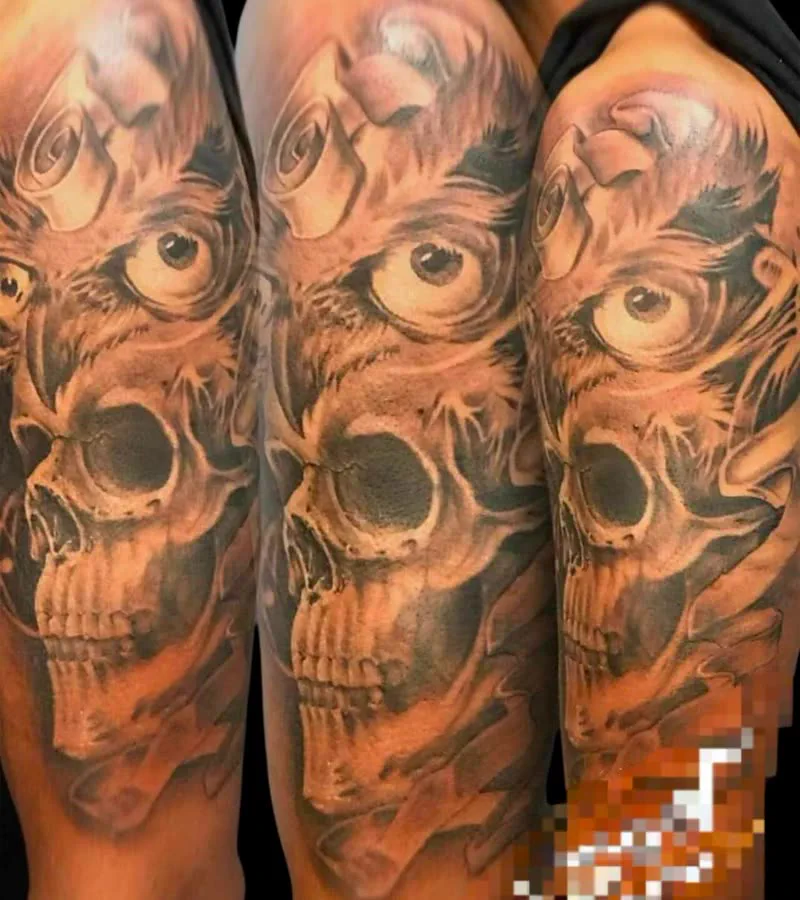 Skull sleeve tattoo shown from three angles