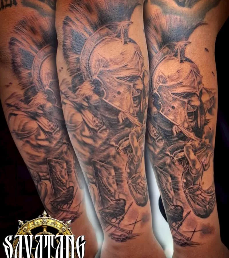 Statue themed leg sleeve, black and grey realism
