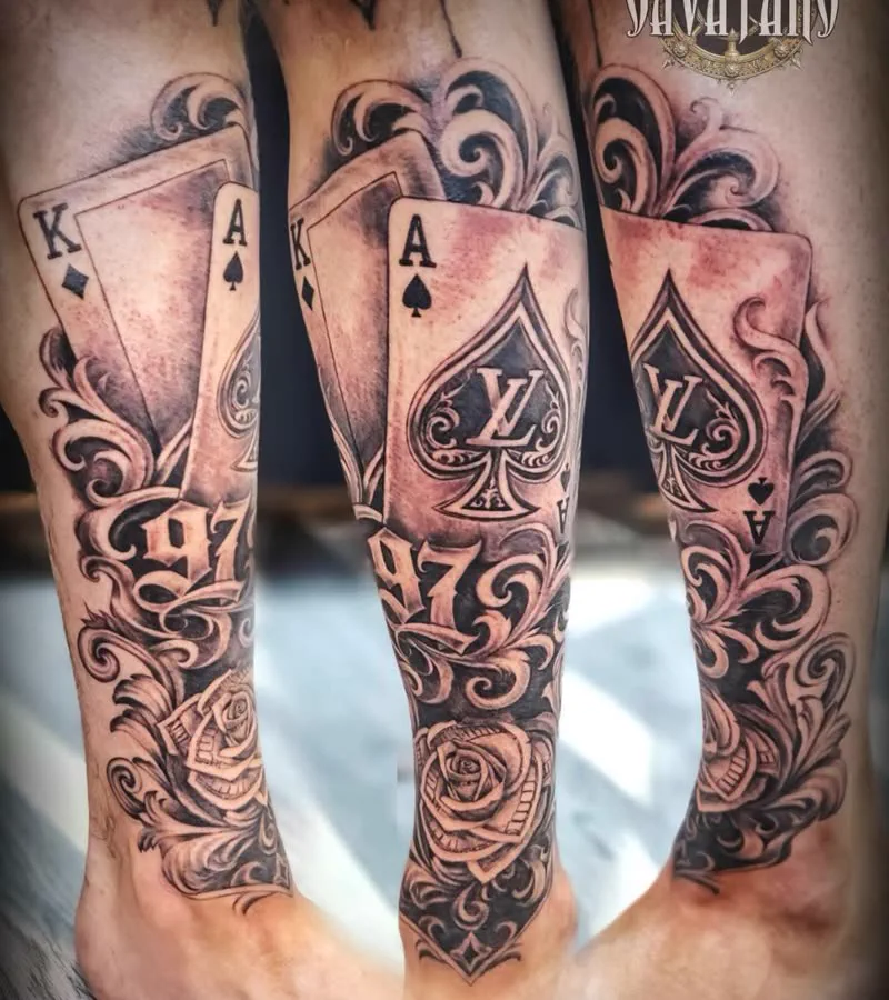 Playing card forearm tattoo shown from three angles