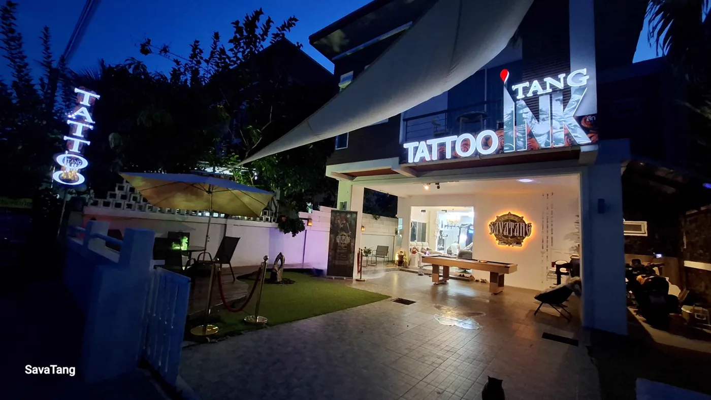 Savatang Tattoo Samui studio front at dusk, Koh Samui, Thailand