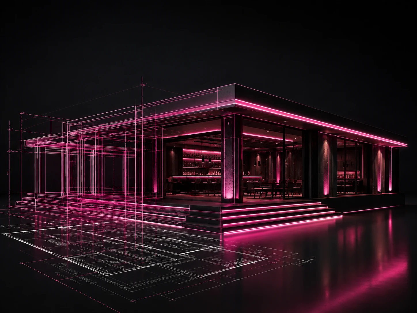 ภาพจำลอง 3D สถานบันเทิงที่ก่อสร้างและตกแต่งเสร็จ เห็นบาร์ ที่นั่ง และไฟเส้นสีชมพู พร้อมโครงเส้นแบบร่างด้านซ้าย