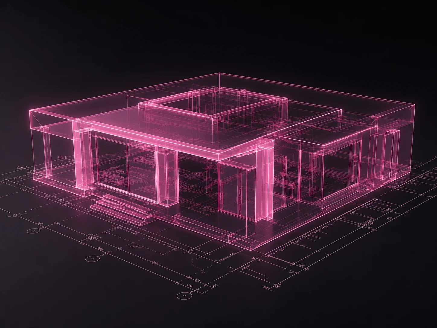 แบบร่าง 3D โครงสร้างสถานบันเทิงเป็นเส้นเรืองแสงสีชมพู ซ้อนอยู่บนแบบแปลนพื้นที่มีเส้นบอกระยะ